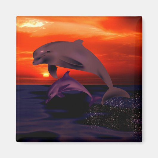 Nautical Jumping Dolphins Orange Ocean Sunset Magnet (Vorne)