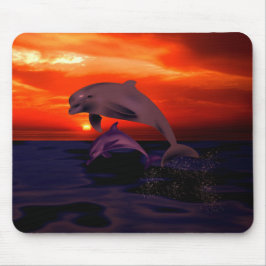 Nautical Jumping Dolphins Orange Ocean Sunset Mousepad