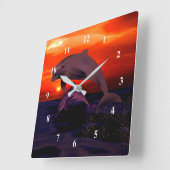 Nautical Jumping Dolphins Orange Ocean Sunset Quadratische Wanduhr (Winkel)