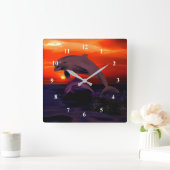 Nautical Jumping Dolphins Orange Ocean Sunset Quadratische Wanduhr (Zuhause)