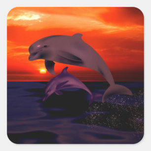 Nautical Jumping Dolphins Orange Ocean Sunset Quadratischer Aufkleber
