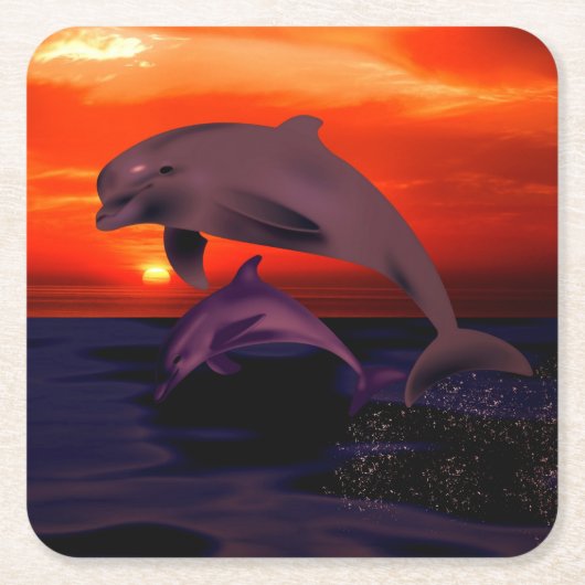 Nautical Jumping Dolphins Orange Ocean Sunset Rechteckiger Pappuntersetzer (Vorderseite)