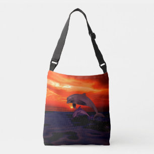 Nautical Jumping Dolphins Orange Ocean Sunset Tragetaschen Mit Langen Trägern