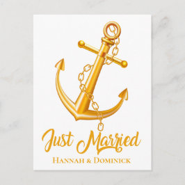 Nautical Just Married Gold Anchor Beach Hochzeit Ankündigungspostkarte