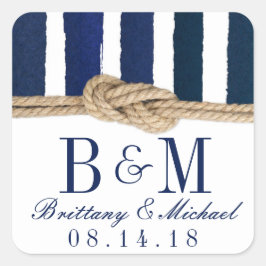 Nautical Knot Burlap Navy Stripes Hochzeitskleber Quadratischer Aufkleber