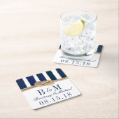 Nautical Knot Burlap Navy Stripes Hochzeitslehre U Rechteckiger Pappuntersetzer (Vor Ort)