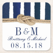 Nautical Knot Burlap Navy Stripes Hochzeitslehre U Rechteckiger Pappuntersetzer (Vorderseite)