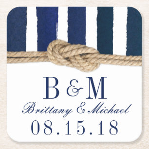 Nautical Knot Burlap Navy Stripes Hochzeitslehre U Rechteckiger Pappuntersetzer