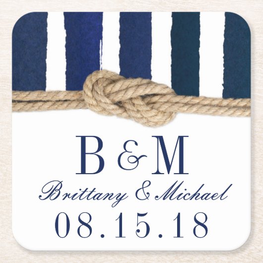Nautical Knot Burlap Navy Stripes Hochzeitslehre U Rechteckiger Pappuntersetzer (Vorderseite)