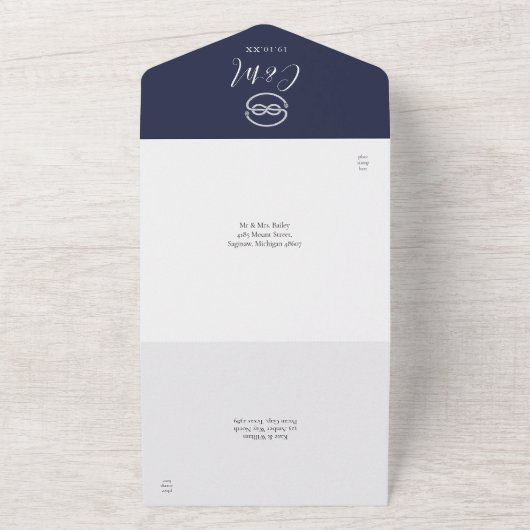 Nautical Knot Navy Blue and White Script Wedding All In One Einladung (Außenbereich)