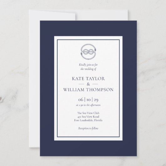 Nautical Knot Navy Blue and White Wedding Invitati Einladung (Vorderseite)