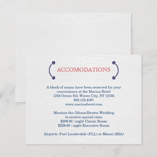 Nautical Knot Wedding Accommodation Card Begleitkarte (Vorne/Hinten)