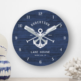Nautical Lake House Familienname Anchor Blue Wood Runde Wanduhr
