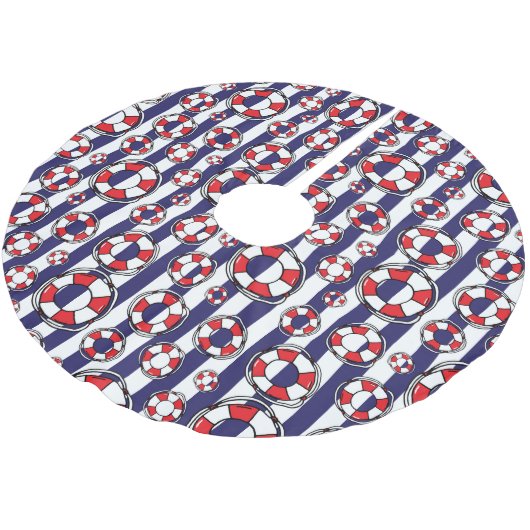 Nautical Lifebels Red White Striping Polyester Weihnachtsbaumdecke (Schrägansicht)