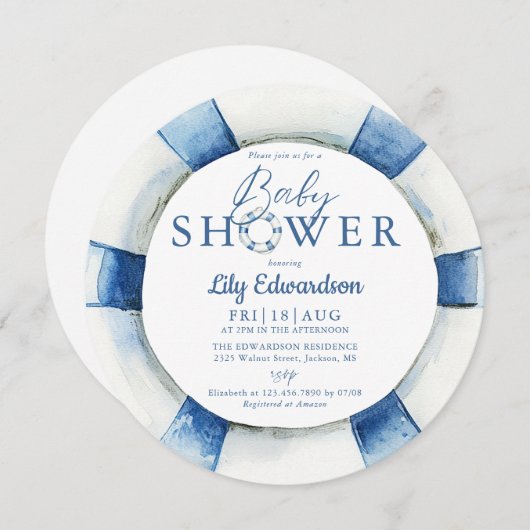 Nautical Lifebuoy Monogram Baby Shooter Einladung (Vorne/Hinten)