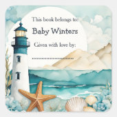Nautical Lighthouse Baby Dusche Buchzeichen Quadratischer Aufkleber (Vorderseite)