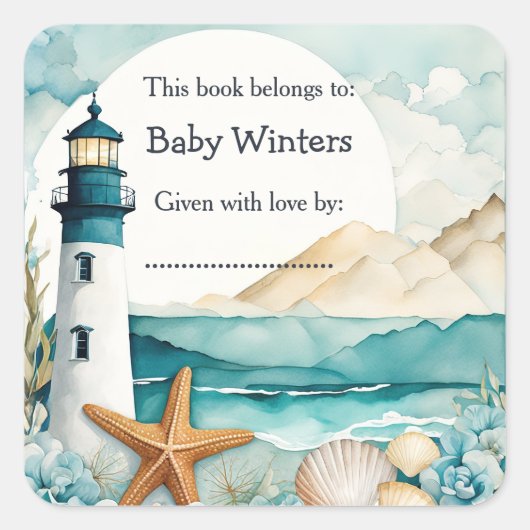 Nautical Lighthouse Baby Dusche Buchzeichen Quadratischer Aufkleber (Vorderseite)
