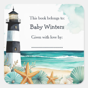 Nautical Lighthouse Baby Dusche Buchzeichen Quadratischer Aufkleber