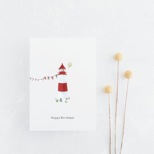 Nautical Lighthouse Beach Happy Birthday Balloon Postkarte