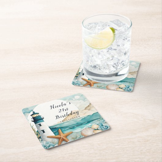 Nautical Lighthouse Birthday Rechteckiger Pappuntersetzer (Vor Ort)