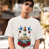 Nautical Lighthouse Bloral Red Anchor Blue T-Shirt