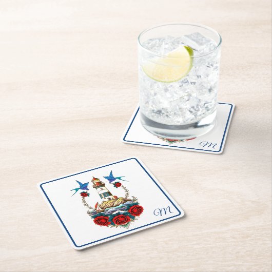 Nautical Lighthouse Bloral Red Blue Rechteckiger Pappuntersetzer (Vor Ort)