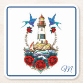 Nautical Lighthouse Bloral Red Blue Rechteckiger Pappuntersetzer (Vorderseite)