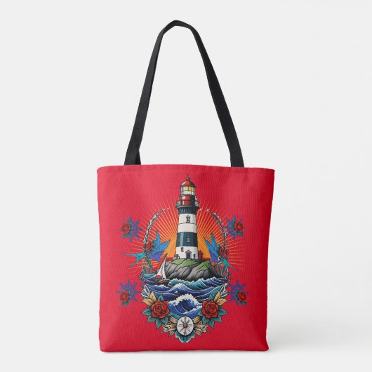 Nautical Lighthouse Bloral Red Blue Tasche (Rückseite)