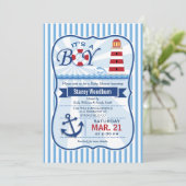 Nautical Lighthouse Boy Baby Dusche Einladung (Stehend Vorderseite)