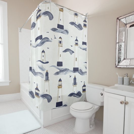 Nautical Lighthouse Coastal Blue Pattern (1) Duschvorhang (Beispiel)