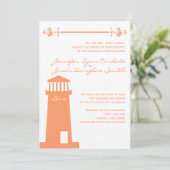 Nautical Lighthouse Coral Wedding Einladungen (Stehend Vorderseite)