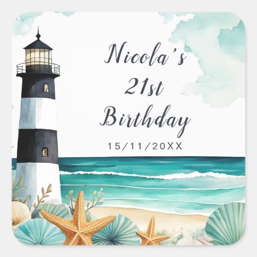 Nautical Lighthouse Geburtstag Quadratischer Aufkleber (Vorderseite)