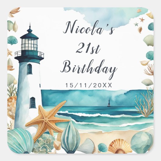 Nautical Lighthouse Geburtstag Quadratischer Aufkleber (Vorderseite)