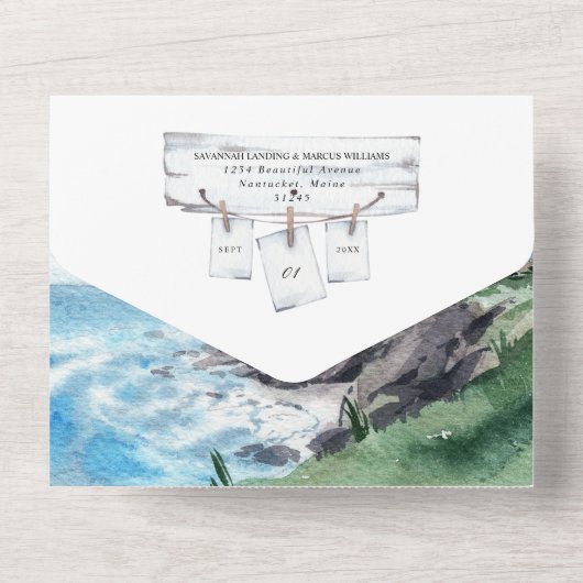 Nautical Lighthouse Hochzeit in Urlaubsort All In One Einladung (Rückseite)