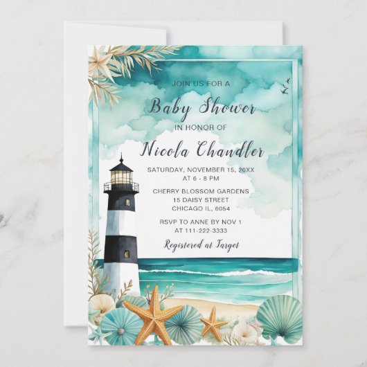 Nautical Lighthouse Kinderdusche Einladung (Vorderseite)