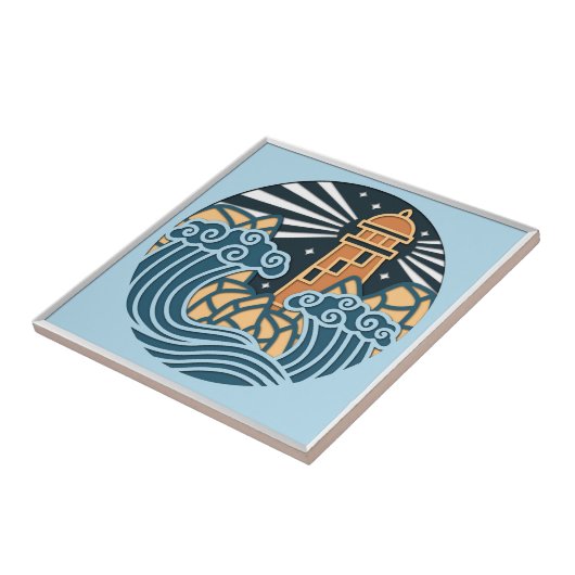 Nautical Lighthouse Ocean Night Scene Fliese (Seite)