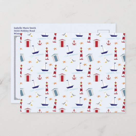 Nautical Lighthouse Pattern 1st Birthday Party  Postkarte (Vorne/Hinten)