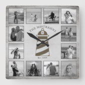 Nautical Lighthouse Rustic Wood Schwarz-weiße Foto Quadratische Wanduhr (Vorderseite)