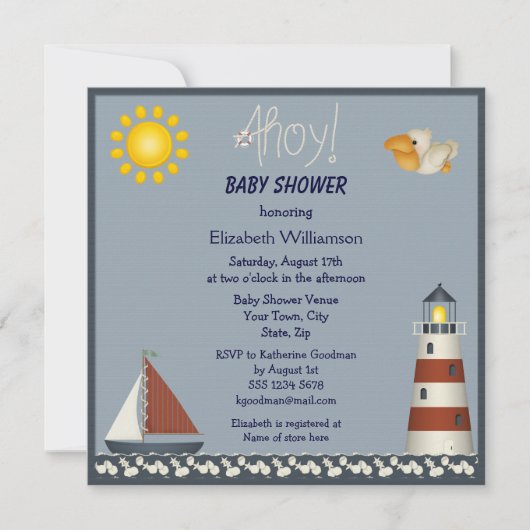 Nautical Lighthouse & Sailboat Baby Dusche Einladung (Vorderseite)