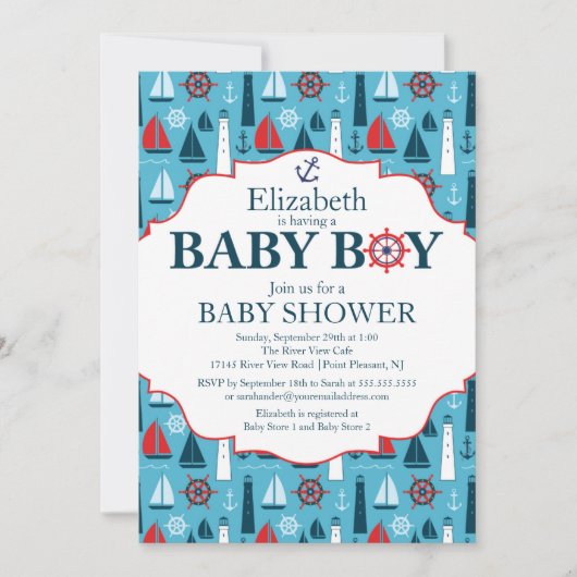 Nautical Lighthouse Sailboat Boys Babydusche Einladung (Vorderseite)