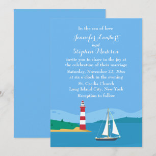 Nautical Lighthouse & Sailboat Hochzeit am blauen  Einladung
