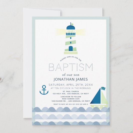 Nautical Lighthouse Sailboat Navy Blauer Taufen In Einladung (Vorderseite)