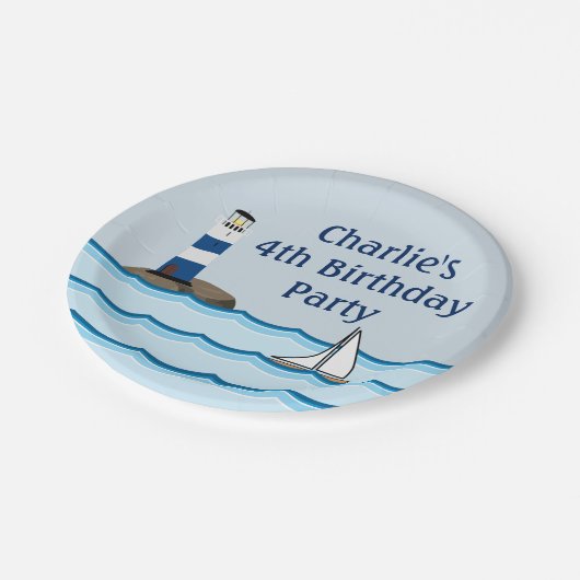 Nautical Lighthouse Scene Custom Birthday Pappteller (Schrägansicht)