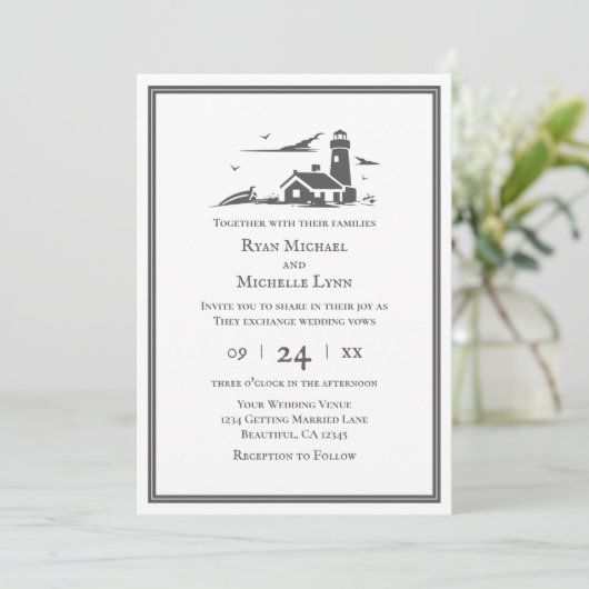 Nautical Lighthouse Seaside Beach Wedding Einladung (Stehend Vorderseite)