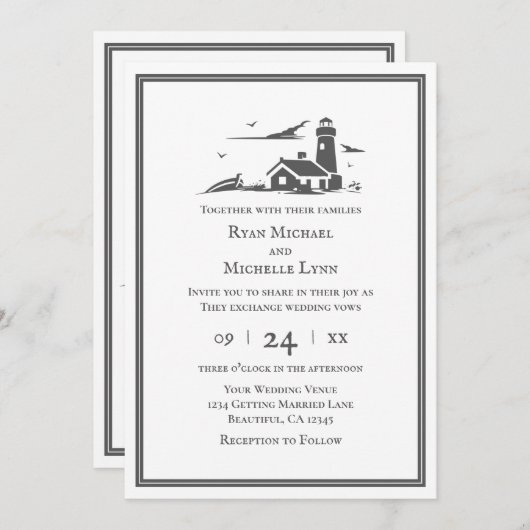 Nautical Lighthouse Seaside Beach Wedding Einladung (Vorne/Hinten)