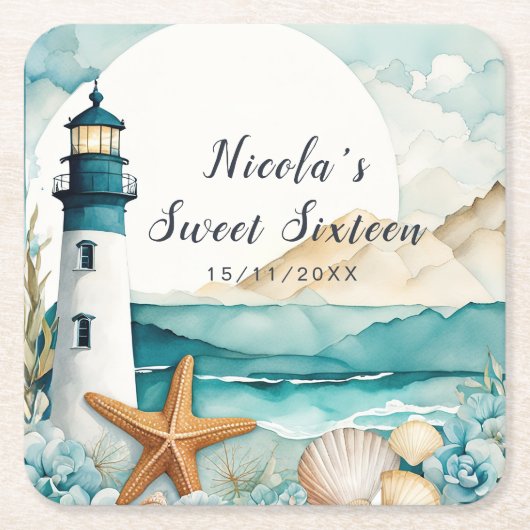 Nautical Lighthouse Sweet Sixteen Birthday Rechteckiger Pappuntersetzer (Vorderseite)
