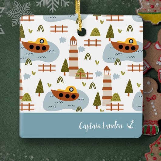Nautical Lighthouse und Boat Kid Muster Weihnachte Keramikornament