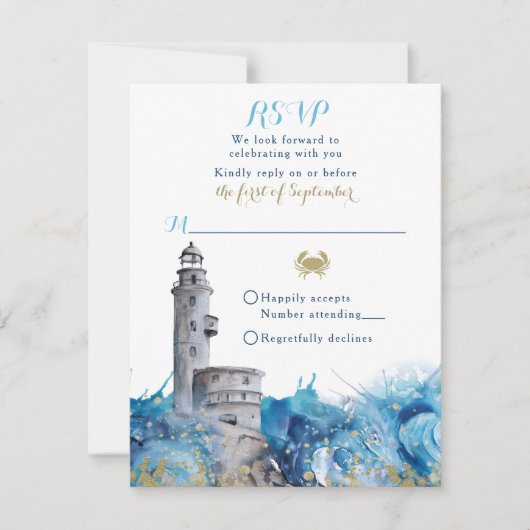 Nautical Lighthouse Waves Wedding RSVP Card Einladung (Vorderseite)