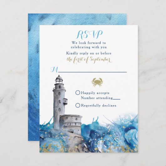 Nautical Lighthouse Waves Wedding RSVP Card Einladung (Vorne/Hinten)