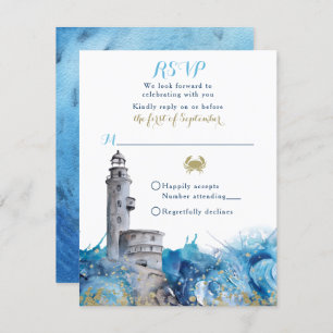 Nautical Lighthouse Waves Wedding RSVP Card Einladung